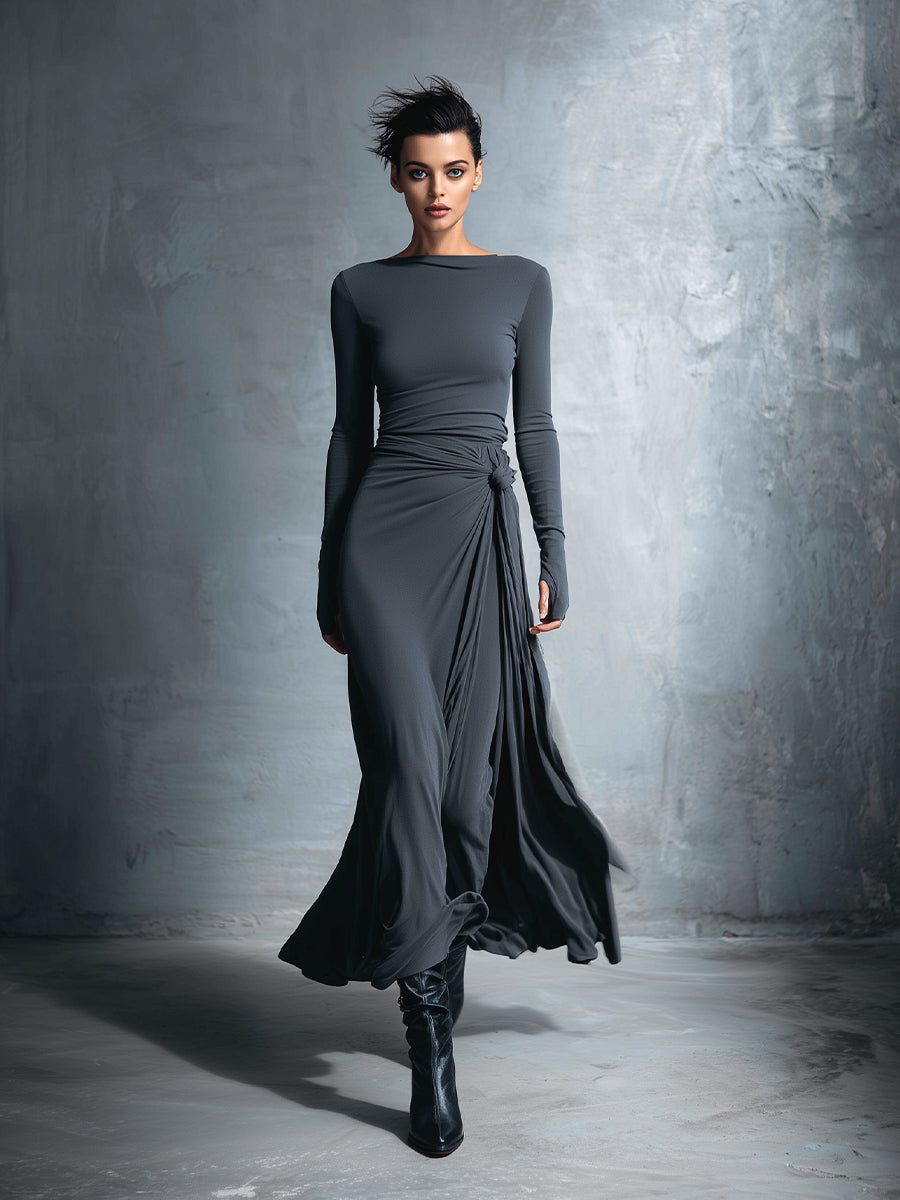 Vestido Maxi Envolvente de Tela Mixta