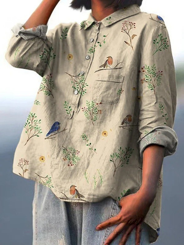Lorelai | Camisa Casual de Mujer con Estampado de Ramas y Pájaros Robin