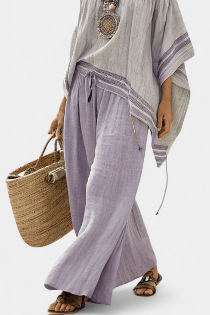 Zandrel | Elegante Top Off-Shoulder y Pantalones Anchos a Rayas