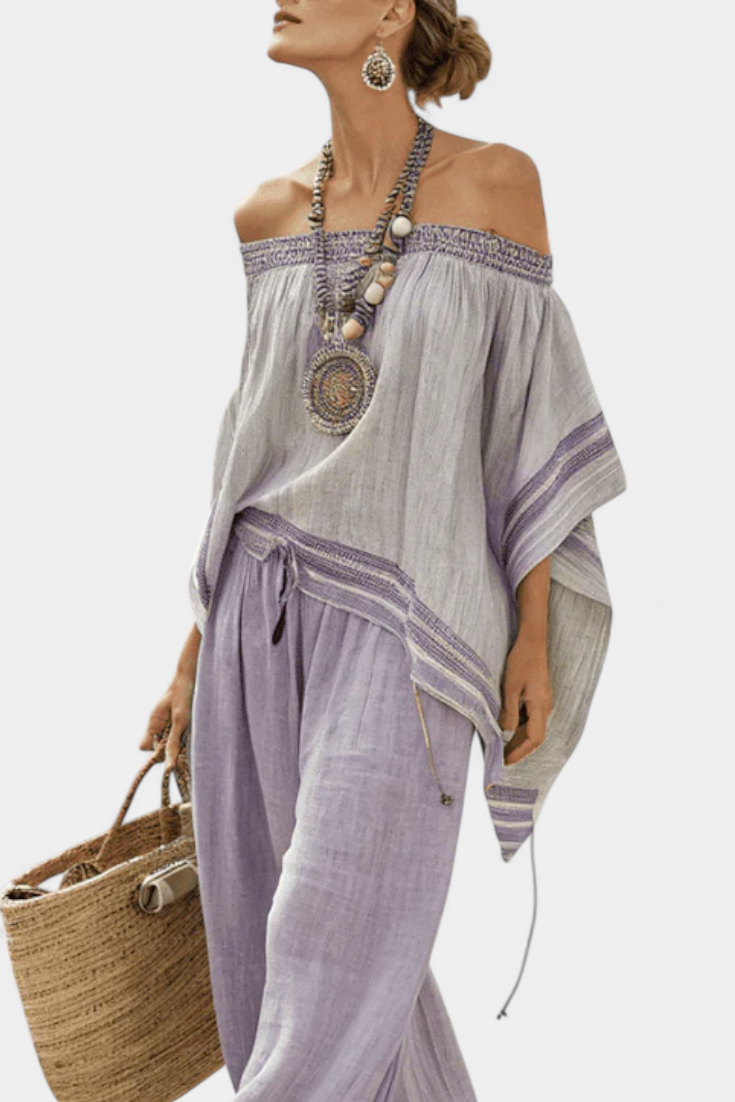 Zandrel | Elegante Top Off-Shoulder y Pantalones Anchos a Rayas