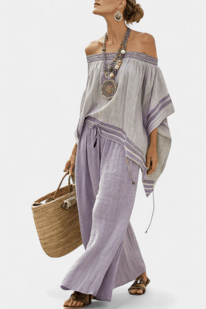 Zandrel | Elegante Top Off-Shoulder y Pantalones Anchos a Rayas