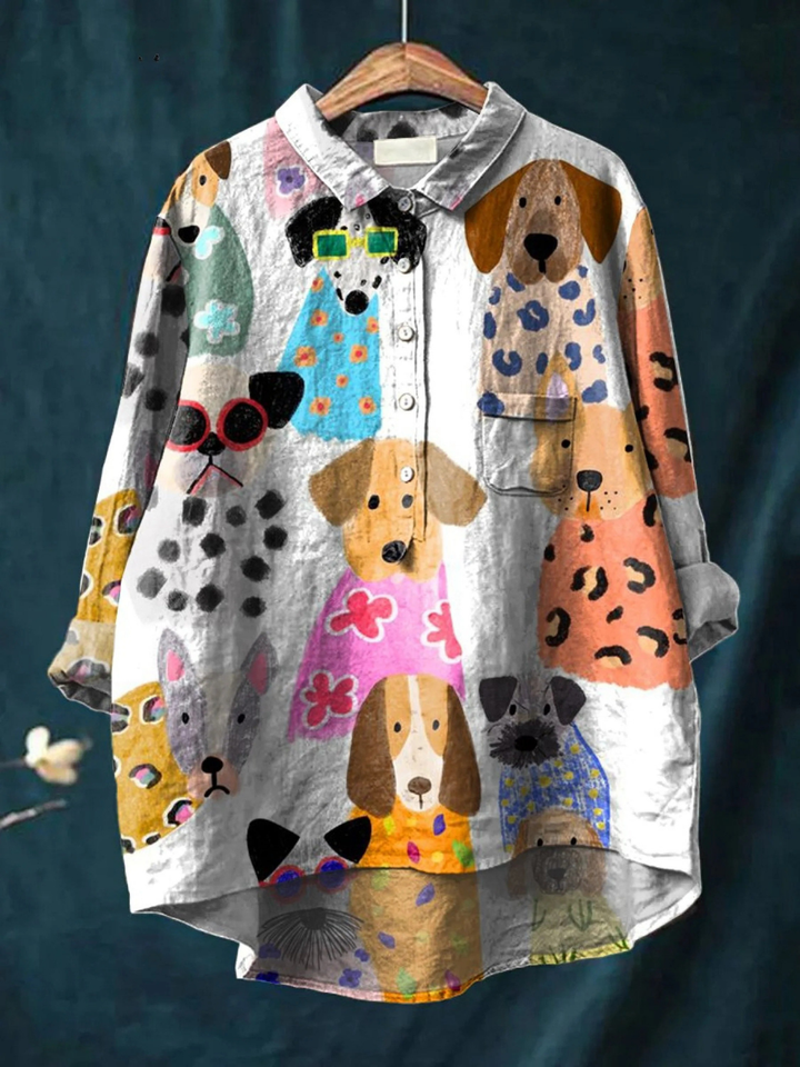 Brigitte | Camisa Casual de Impresión de Perrito de Caricatura Colorido para Mujeres