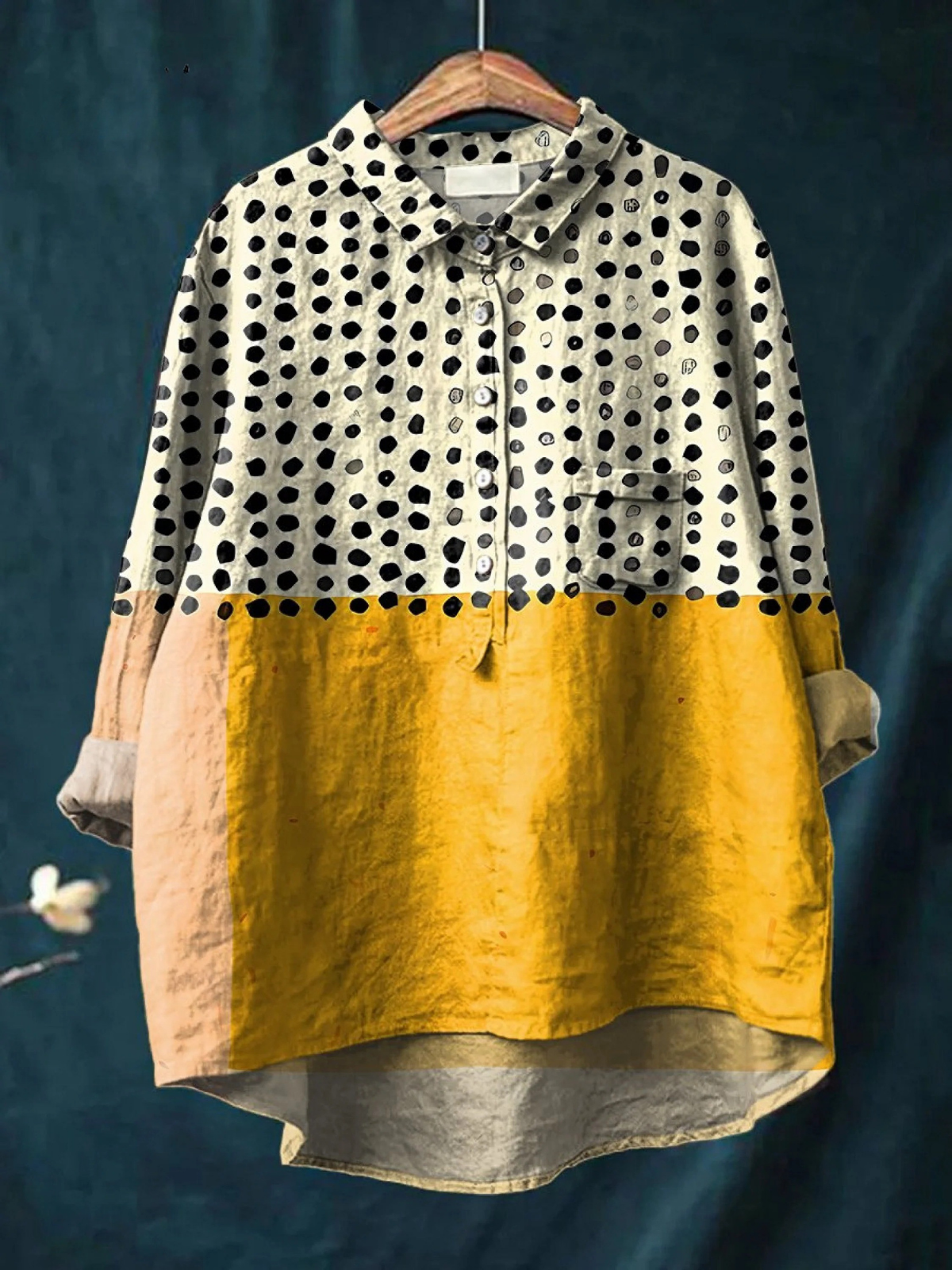 Alessia | Camisa Casual de Mujer con Estampado de Puntos en Color Amarillo y Bloques de Color