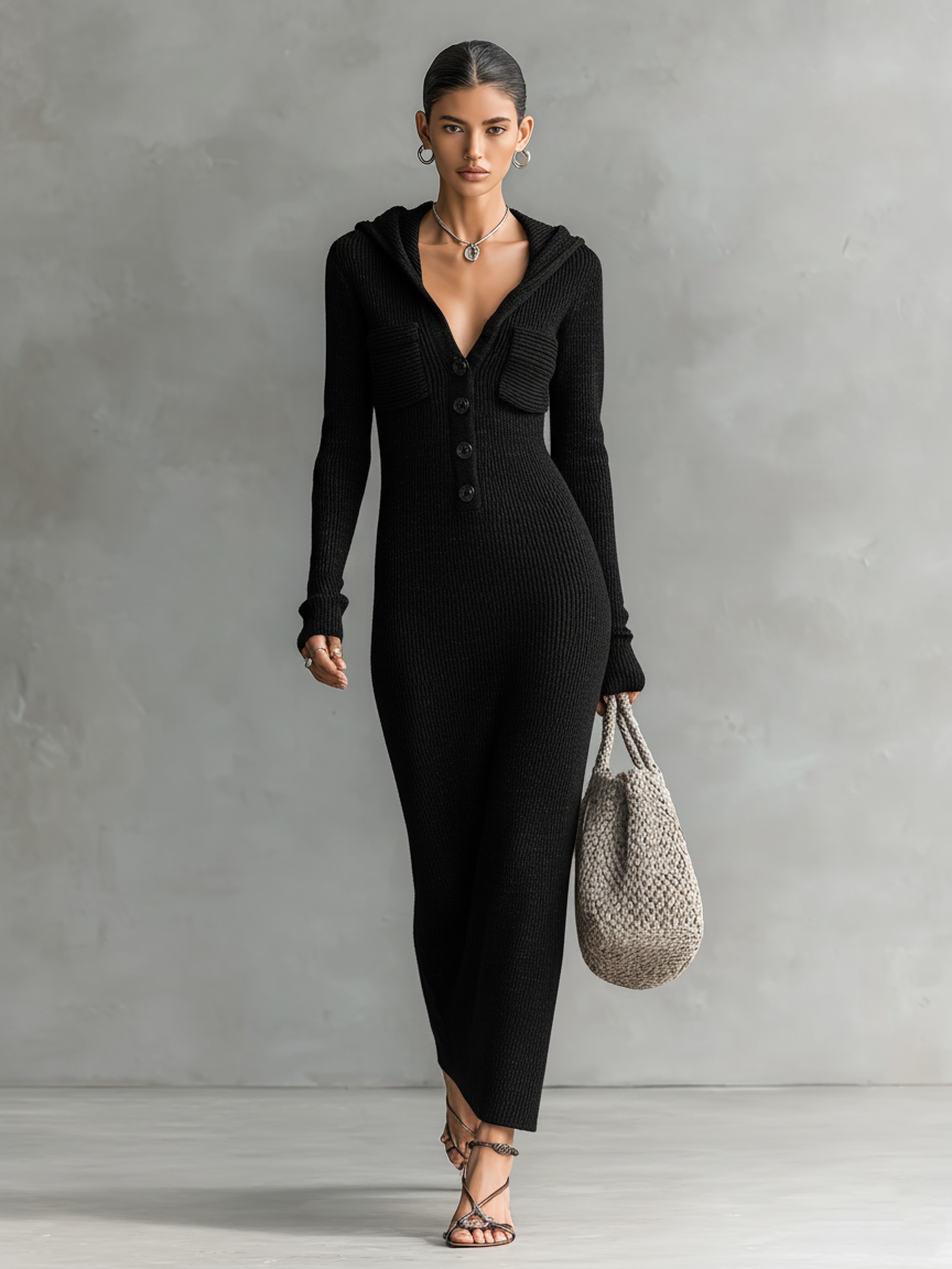 Vestido Maxi de Tricot con Capucha