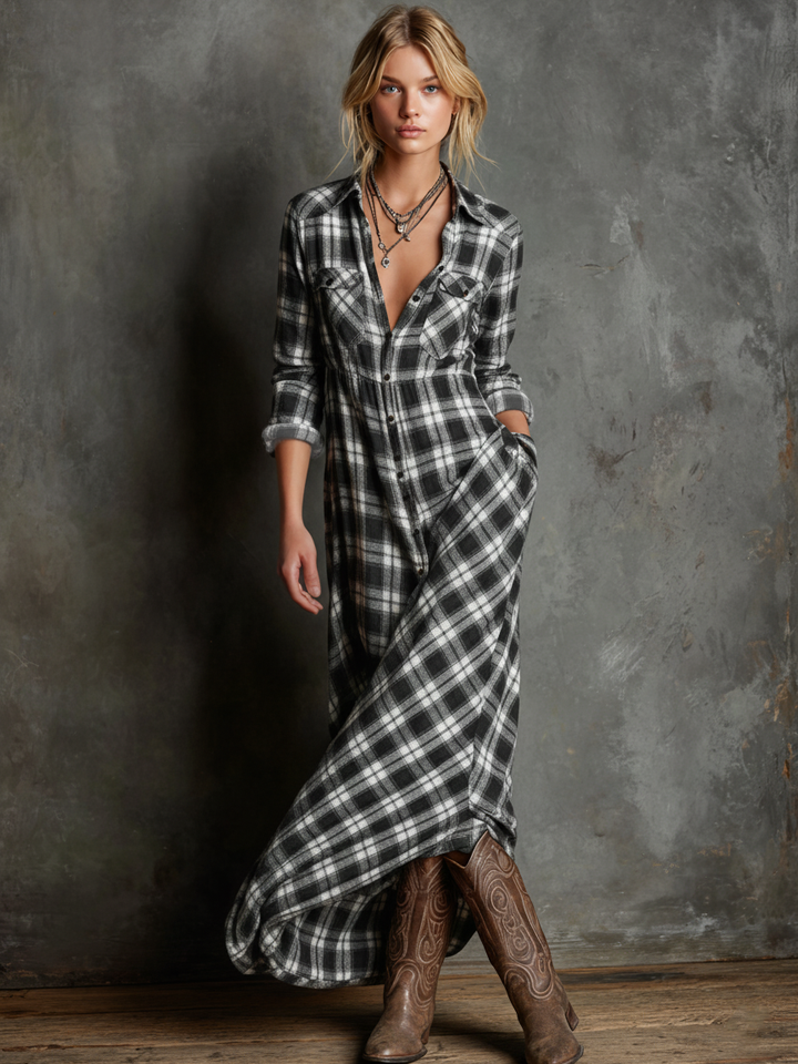 Vestido Largo de Camisa a Cuadros