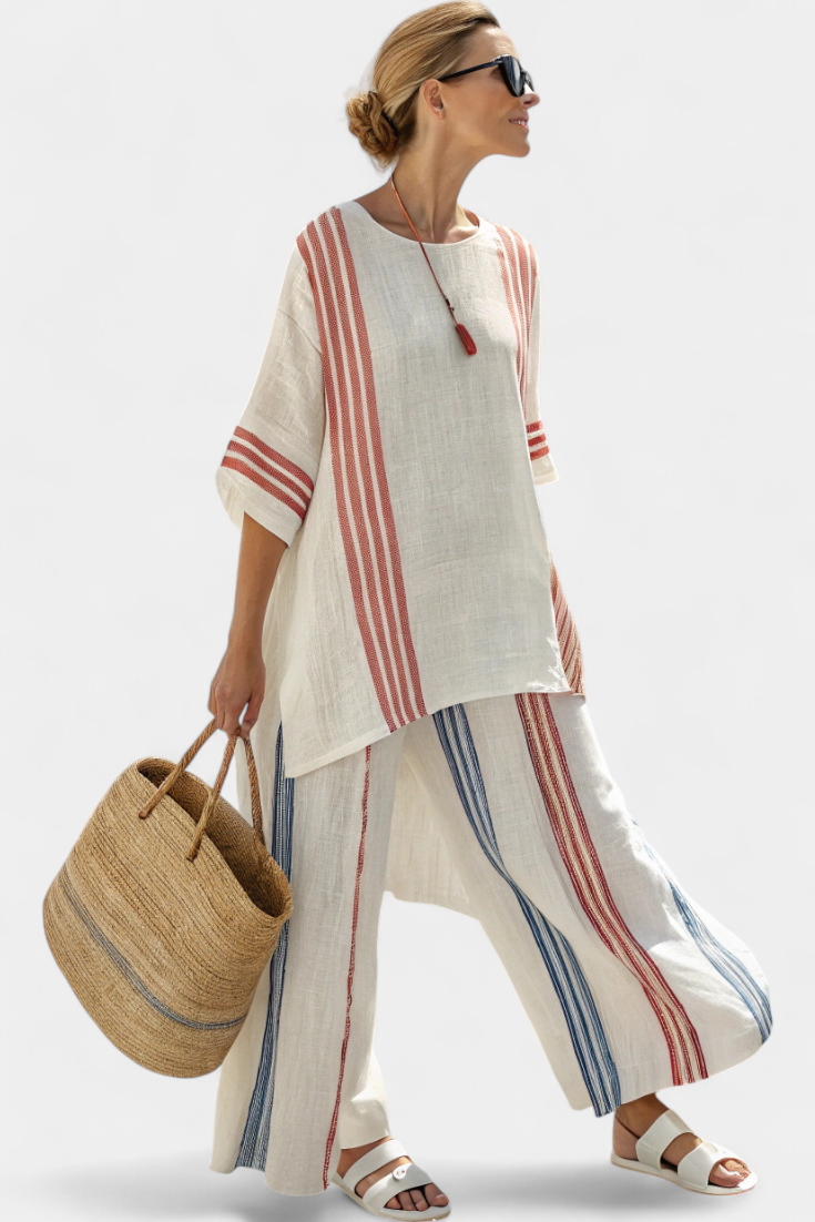 Solvane | Top de Rayas Multicolores Sofisticado y Pantalones Mediterráneos