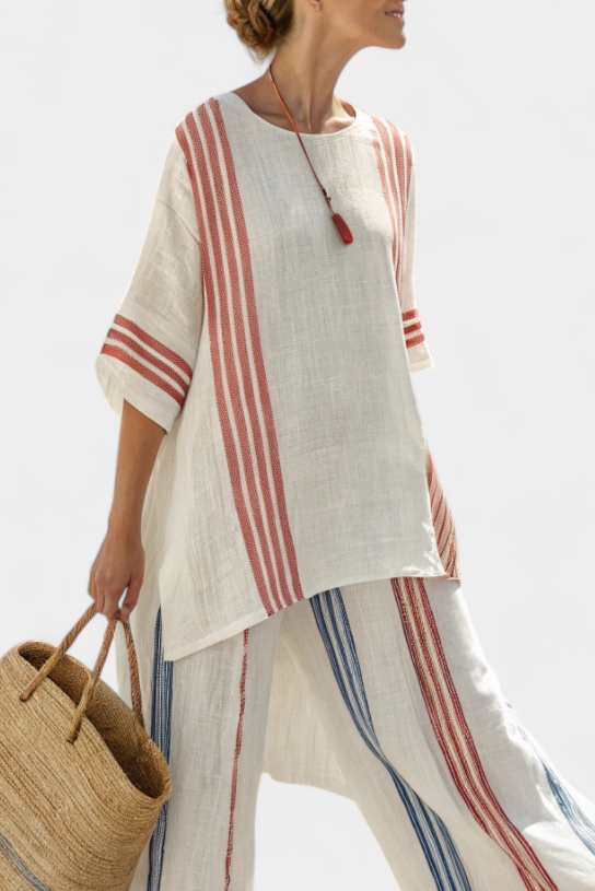 Solvane | Top de Rayas Multicolores Sofisticado y Pantalones Mediterráneos
