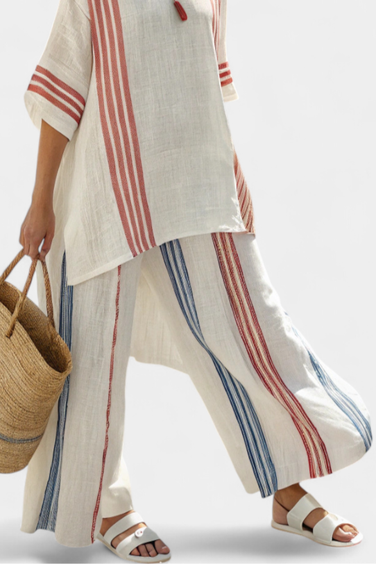 Solvane | Top de Rayas Multicolores Sofisticado y Pantalones Mediterráneos
