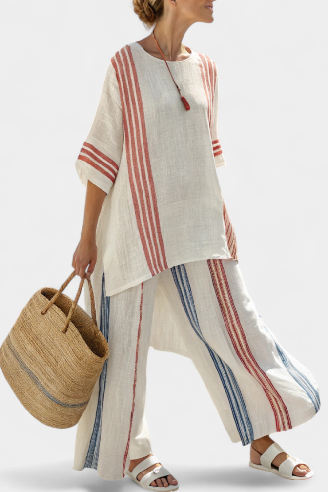 Solvane | Top de Rayas Multicolores Sofisticado y Pantalones Mediterráneos