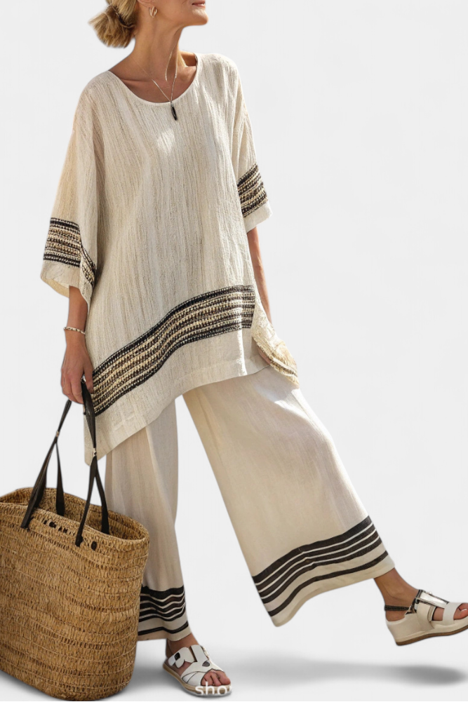 Harlowe | Elegante Top de Lino a Rayas Negras y Pantalones Fluidos