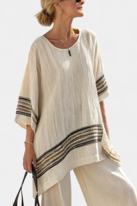 Harlowe | Elegante Top de Lino a Rayas Negras y Pantalones Fluidos