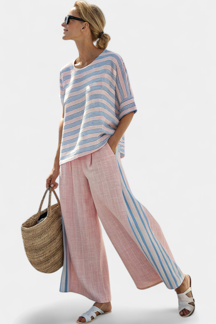 Virella | Elegante Blusa de Lino Rosa-Azul y Pantalones Suaves