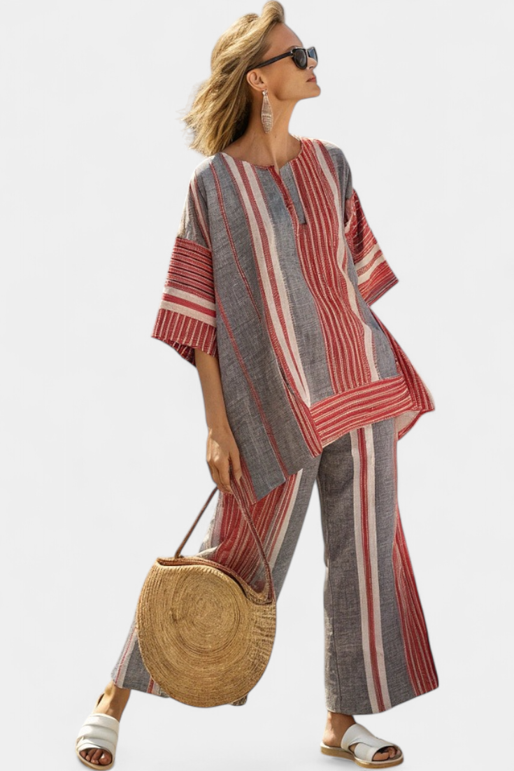 Bravine | Top de Lino Elegante en Coral-Gris y Pantalones de Pierna Ancha