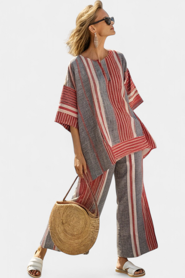 Bravine | Top de Lino Elegante en Coral-Gris y Pantalones de Pierna Ancha