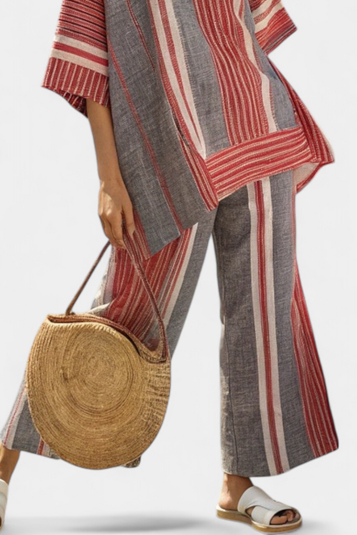 Bravine | Top de Lino Elegante en Coral-Gris y Pantalones de Pierna Ancha