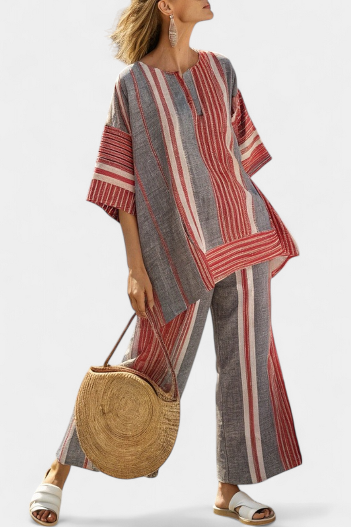 Bravine | Top de Lino Elegante en Coral-Gris y Pantalones de Pierna Ancha