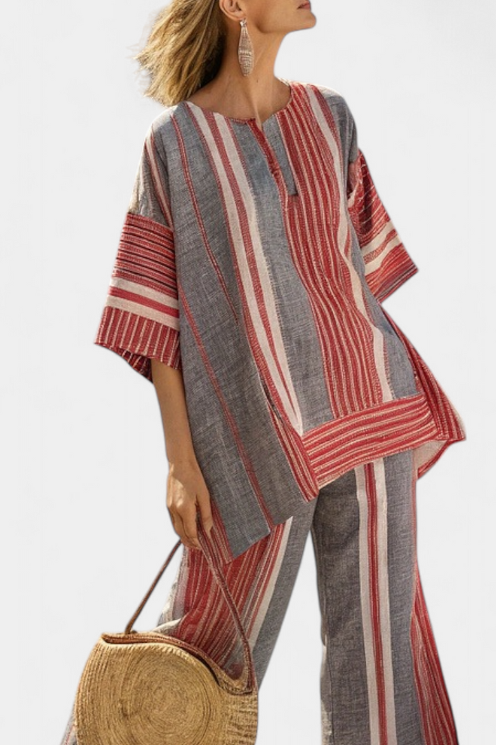 Bravine | Top de Lino Elegante en Coral-Gris y Pantalones de Pierna Ancha