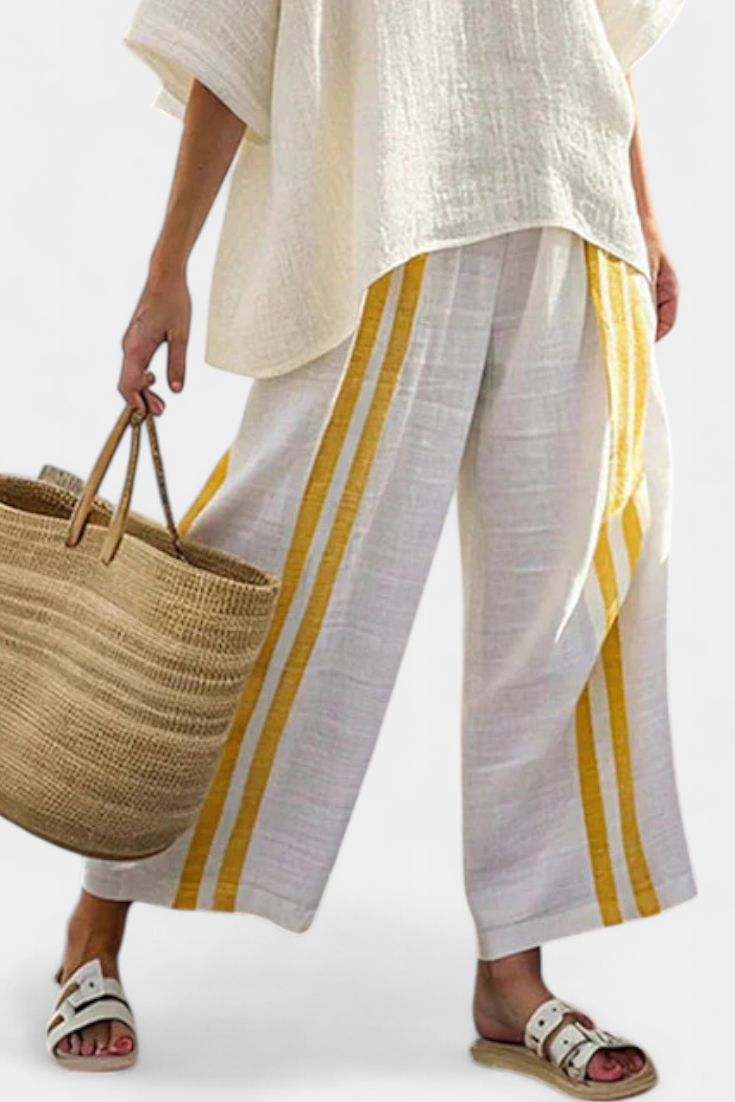 Anselor | Top Elegante de Rayas Amarillas y Pantalones de Pierna Ancha