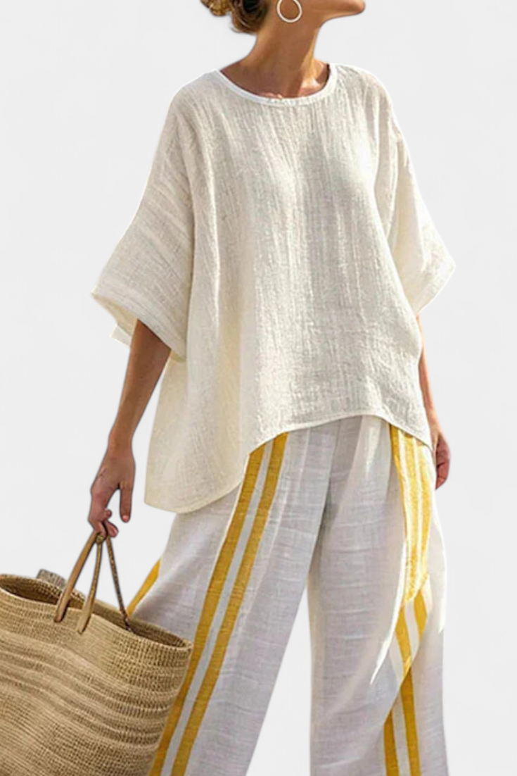 Anselor | Top Elegante de Rayas Amarillas y Pantalones de Pierna Ancha
