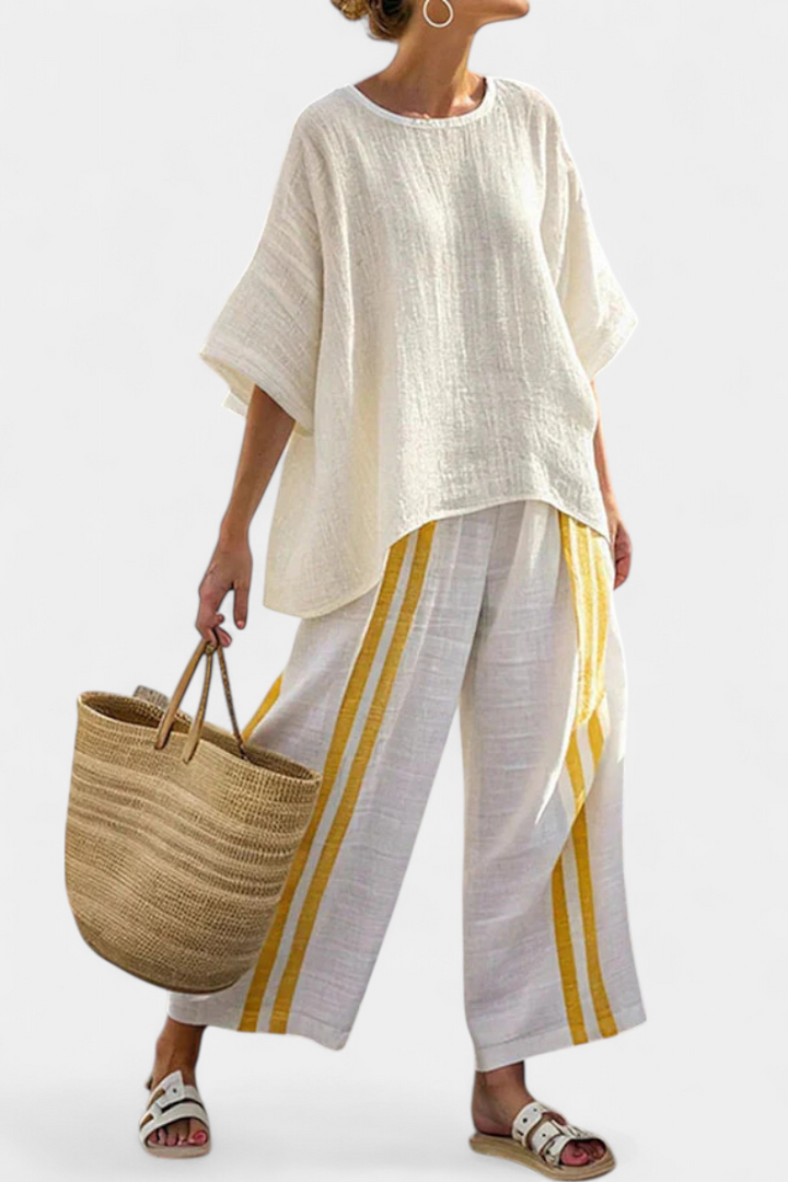 Anselor | Top Elegante de Rayas Amarillas y Pantalones de Pierna Ancha