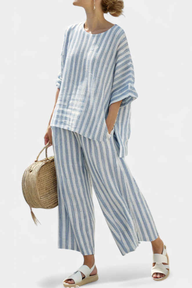 Rensleigh | Top de lino azul a rayas sofisticado y pantalones relajados