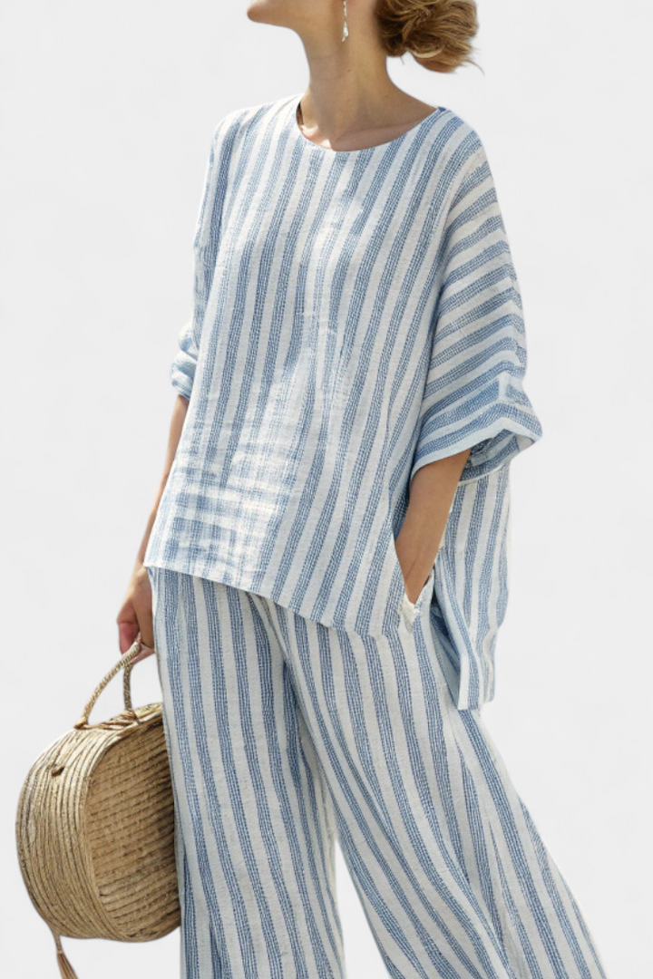 Rensleigh | Top de lino azul a rayas sofisticado y pantalones relajados