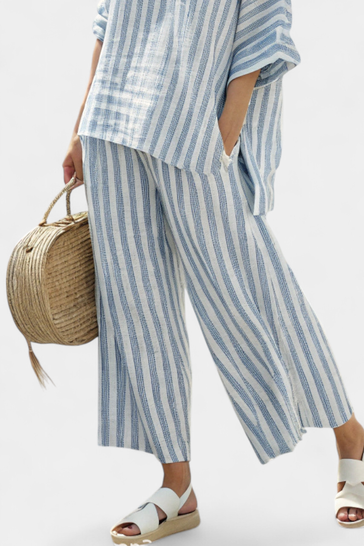 Rensleigh | Top de lino azul a rayas sofisticado y pantalones relajados