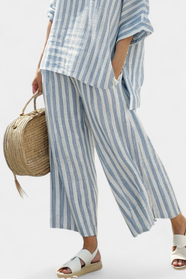 Rensleigh | Top de lino azul a rayas sofisticado y pantalones relajados