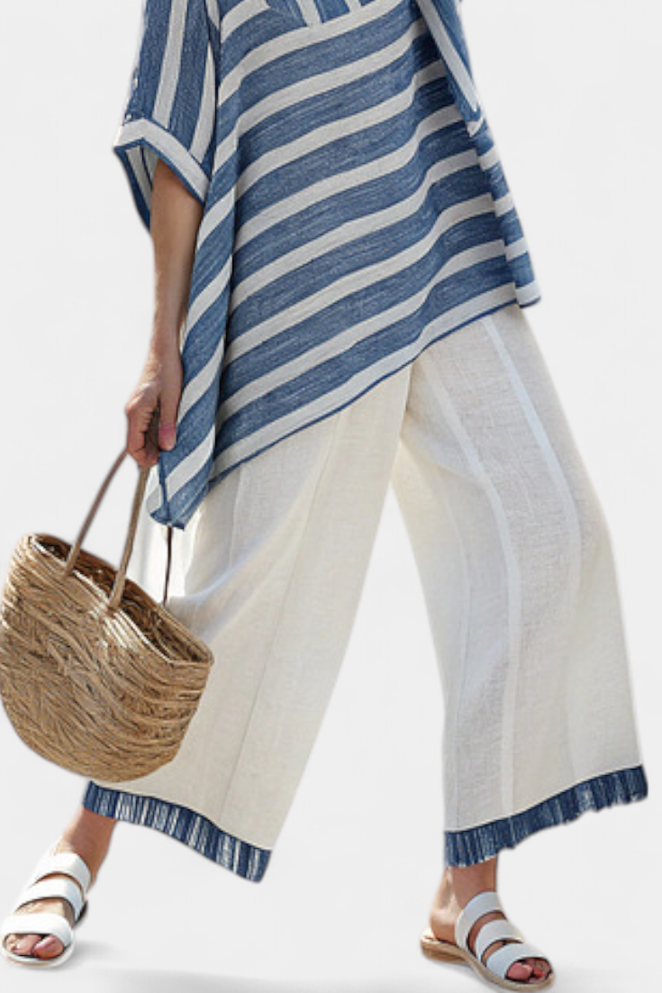 Corvielle | Top Azul a Rayas Sofisticado y Pantalones con Detalle en el Dobladillo