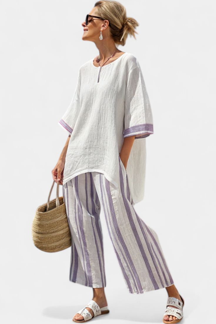 Luxmere | Blusa Relajada y Cómoda & Pantalones de Bambú a Rayas