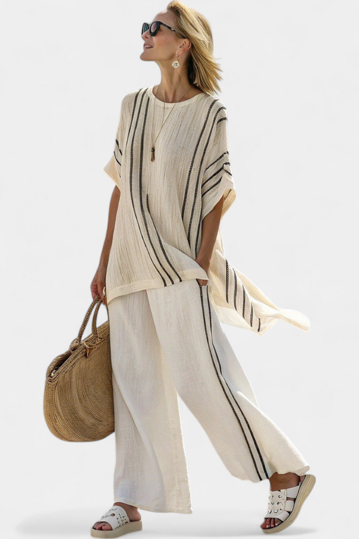 Greysen | Blusa de Lino Marfil Elegante y Pantalones a Rayas Negros