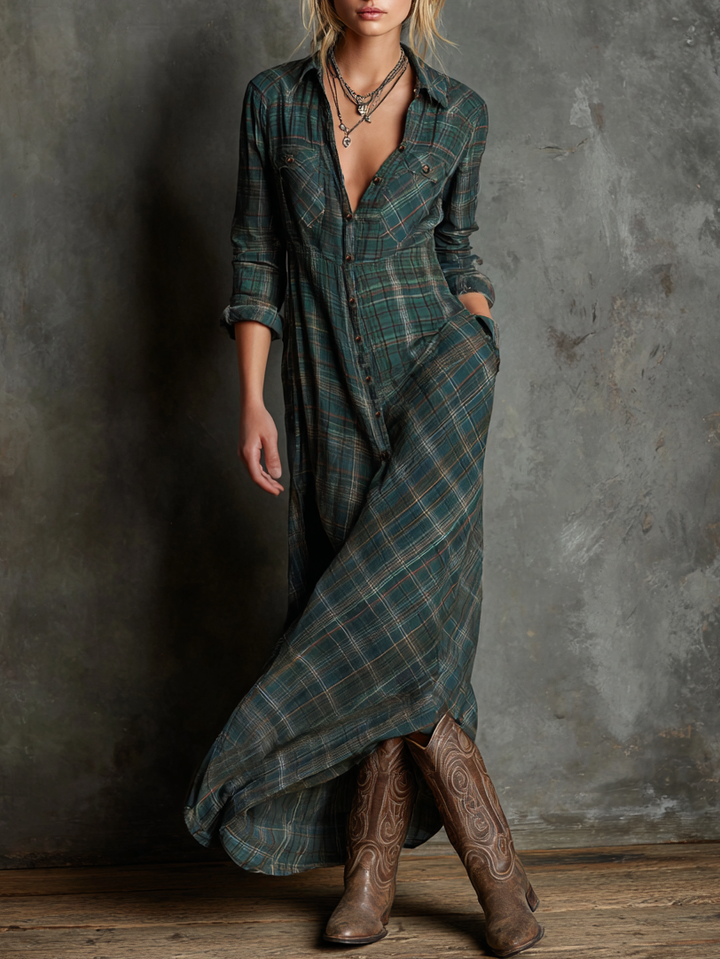 Vestido Largo de Camisa a Cuadros