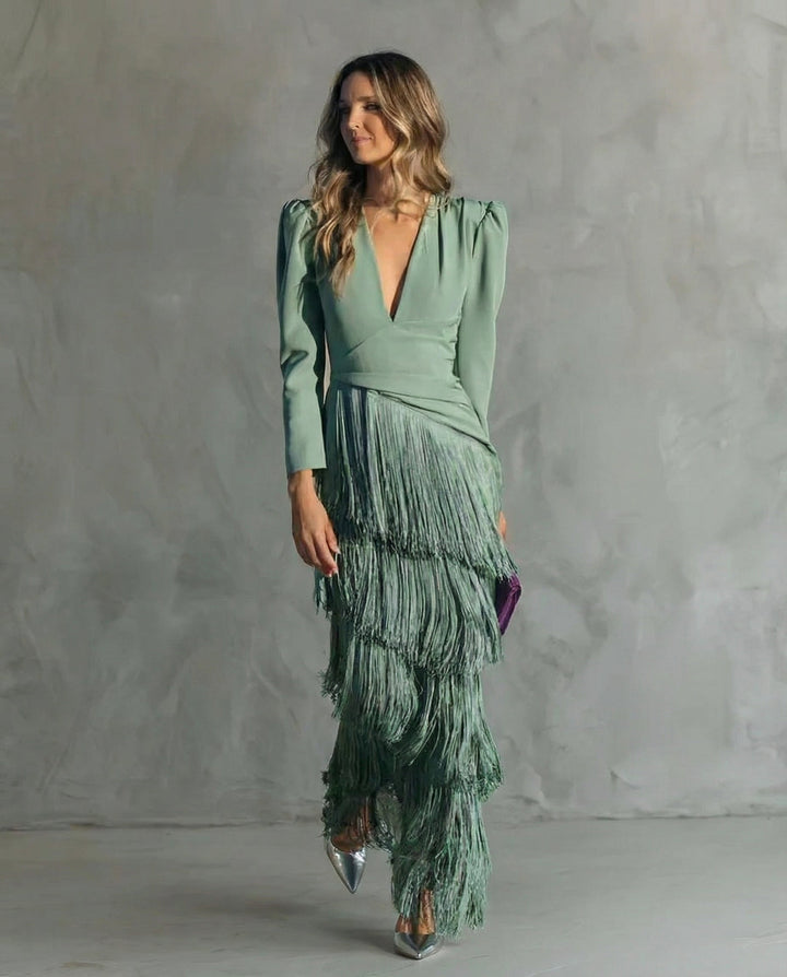 Elara™ | Vestido midi con mangas de flecos