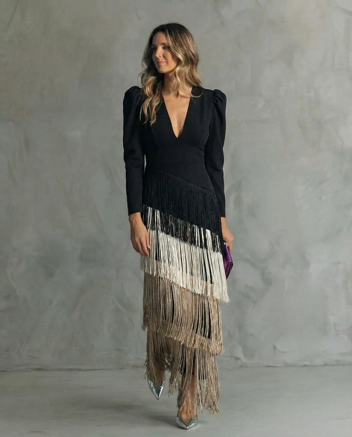 Elara™ | Vestido midi con mangas de flecos
