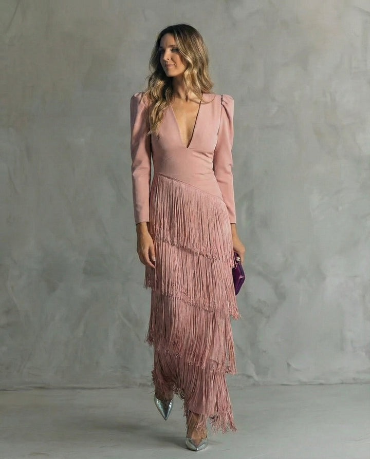 Elara™ | Vestido midi con mangas de flecos