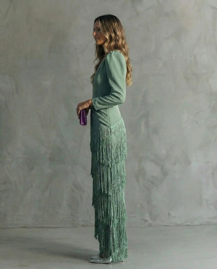 Elara™ | Vestido midi con mangas de flecos