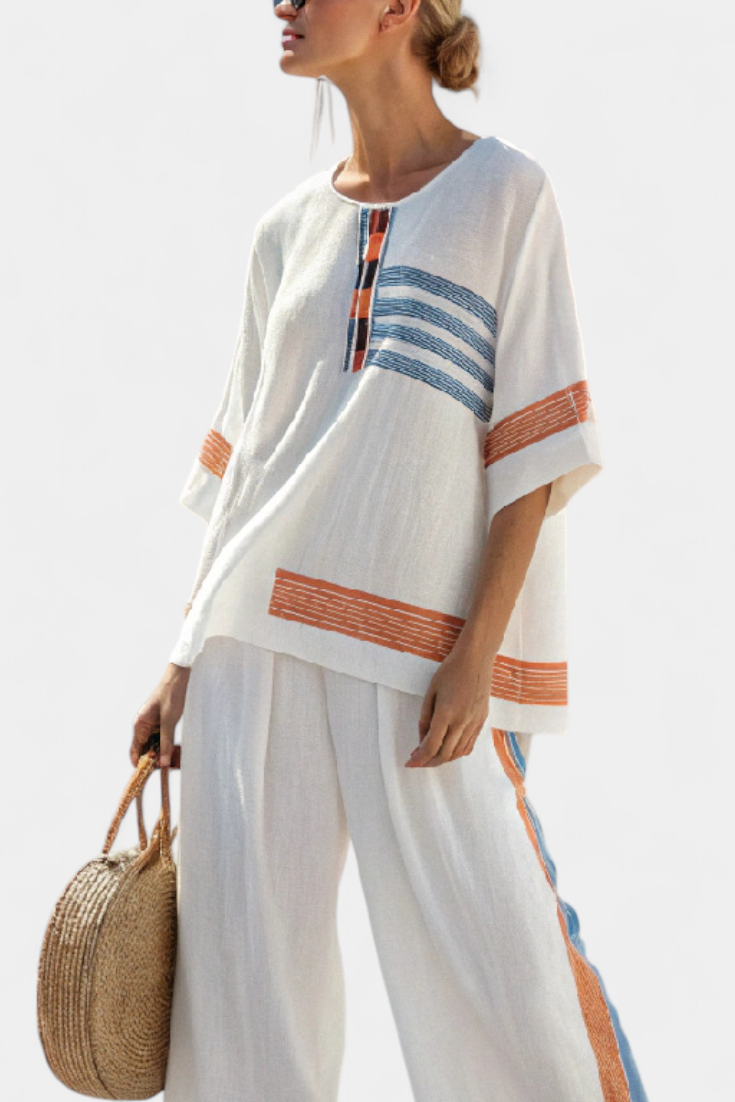 Marcellin | Top y Pantalones Estriados en Azul y Naranja Sofisticados