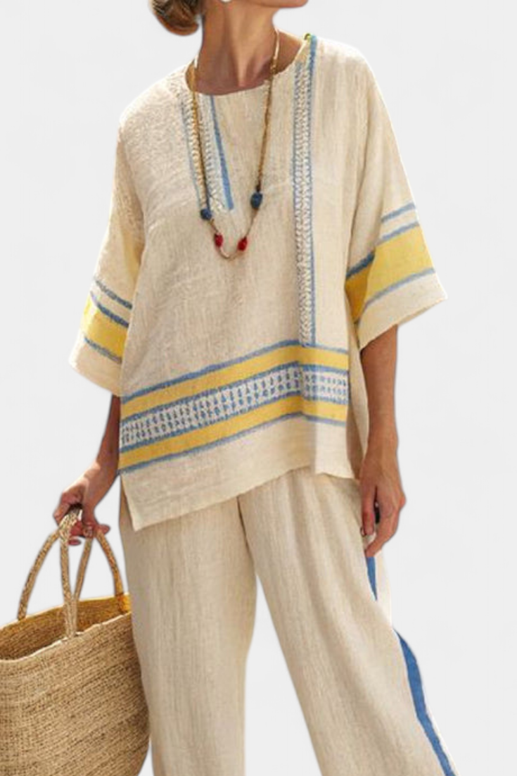 Jaxmere | Conjunto Mediterráneo Cómodo Azul-Amarillo de Top y Pantalones