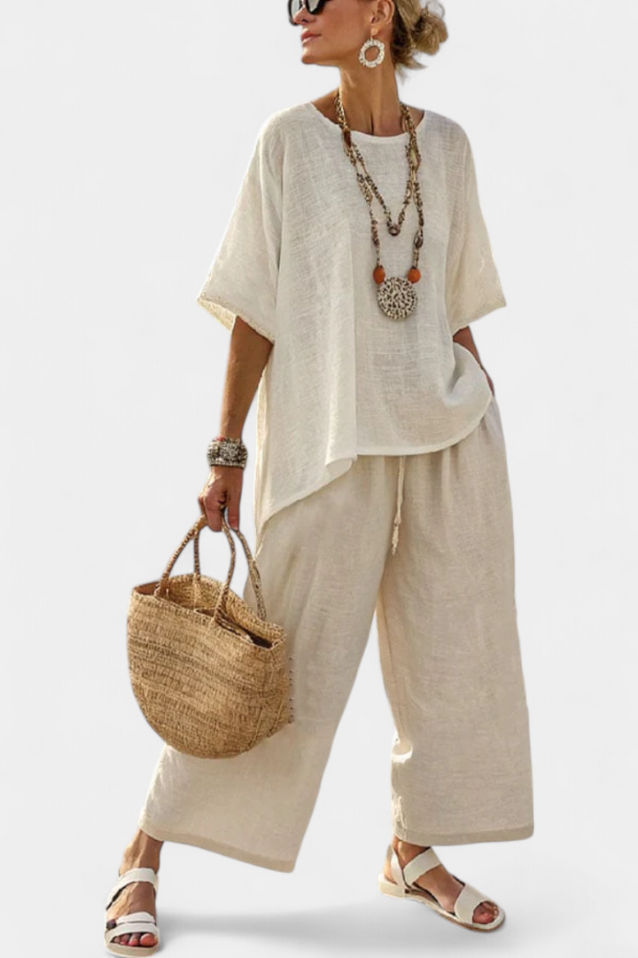 Drevon | Blusa Cruda Minimalista Cómoda y Pantalones de Pierna Ancha