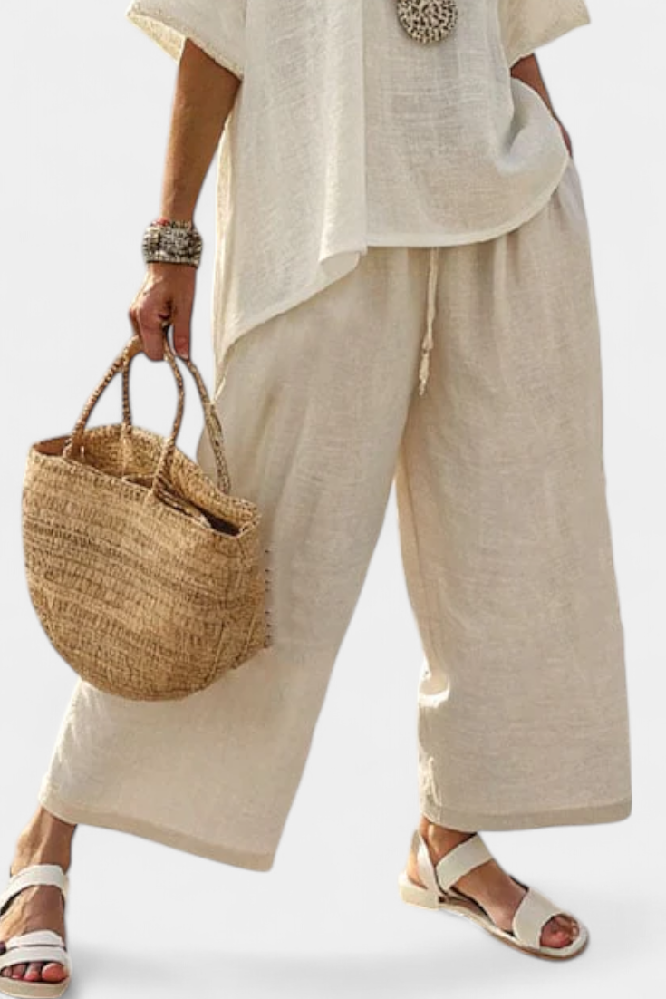 Drevon | Blusa Cruda Minimalista Cómoda y Pantalones de Pierna Ancha