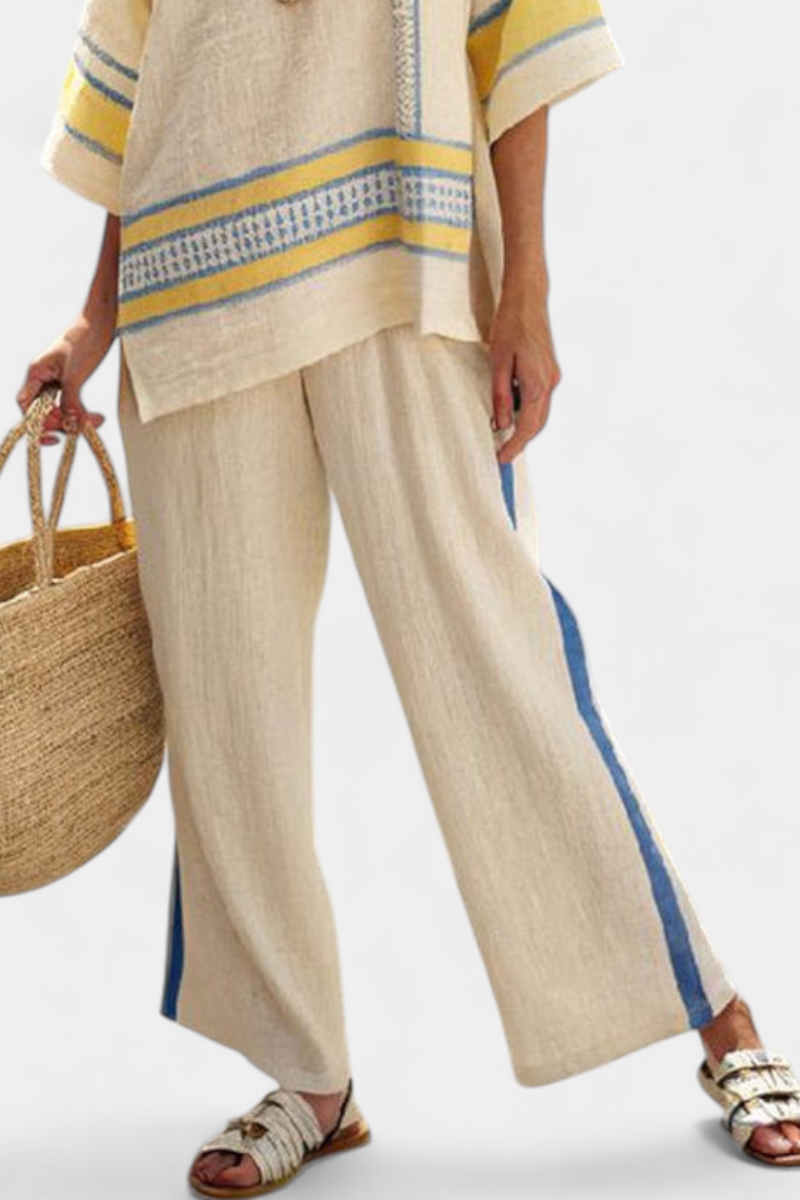 Jaxmere | Conjunto Mediterráneo Cómodo Azul-Amarillo de Top y Pantalones