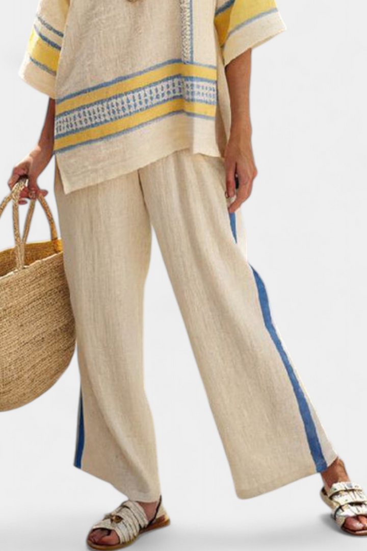 Jaxmere | Conjunto Mediterráneo Cómodo Azul-Amarillo de Top y Pantalones