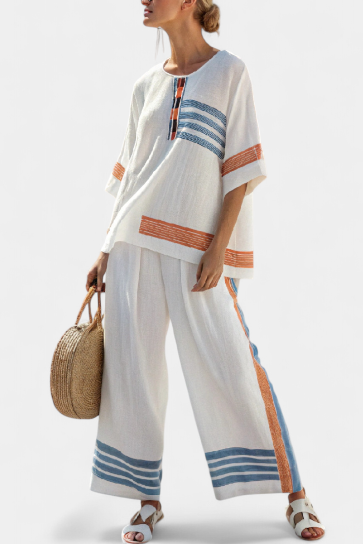 Marcellin | Top y Pantalones Estriados en Azul y Naranja Sofisticados