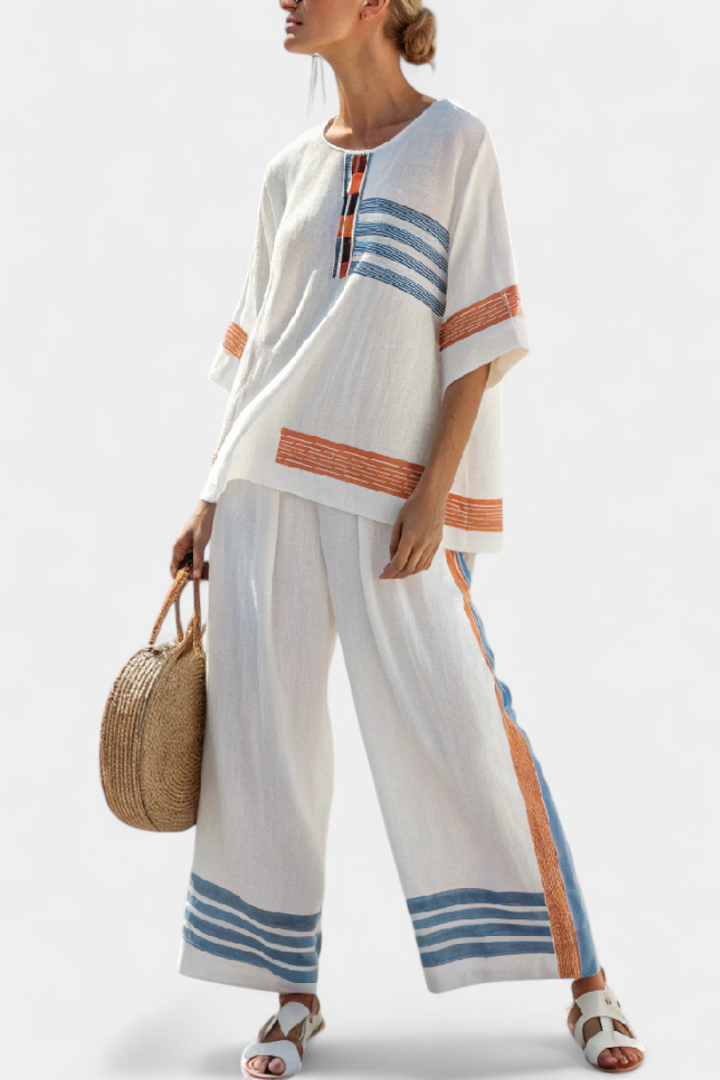 Marcellin | Top y Pantalones Estriados en Azul y Naranja Sofisticados