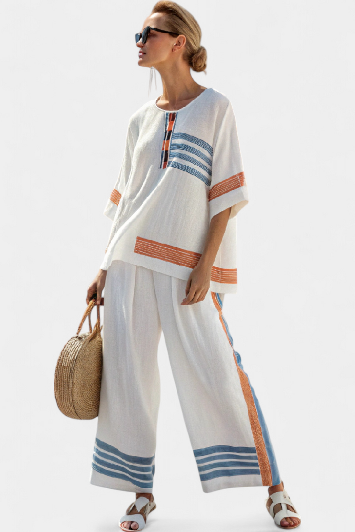 Marcellin | Top y Pantalones Estriados en Azul y Naranja Sofisticados