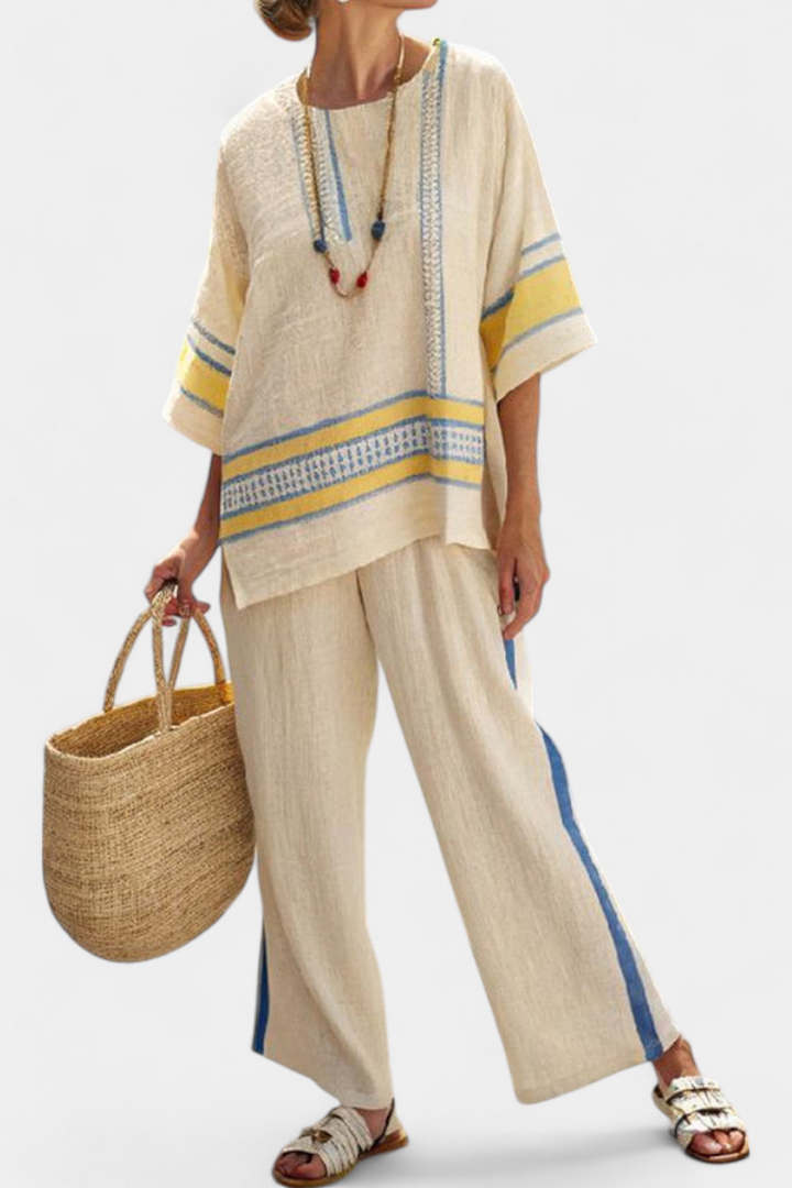 Jaxmere | Conjunto Mediterráneo Cómodo Azul-Amarillo de Top y Pantalones