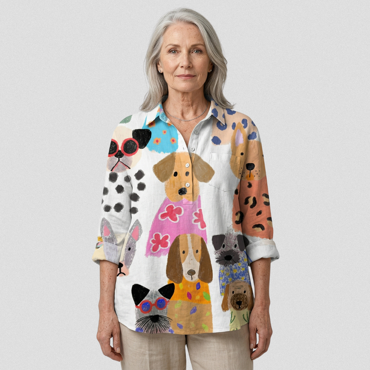 Brigitte | Camisa Casual de Impresión de Perrito de Caricatura Colorido para Mujeres